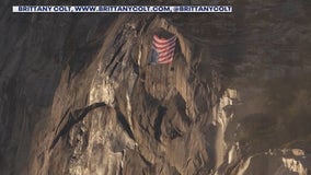 Upside down US flag hung over El Capitan in Yosemite National Park