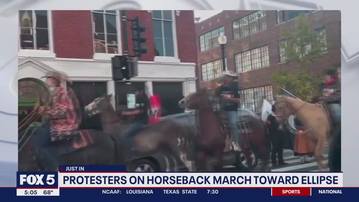 Protesters on horseback march toward Ellipse