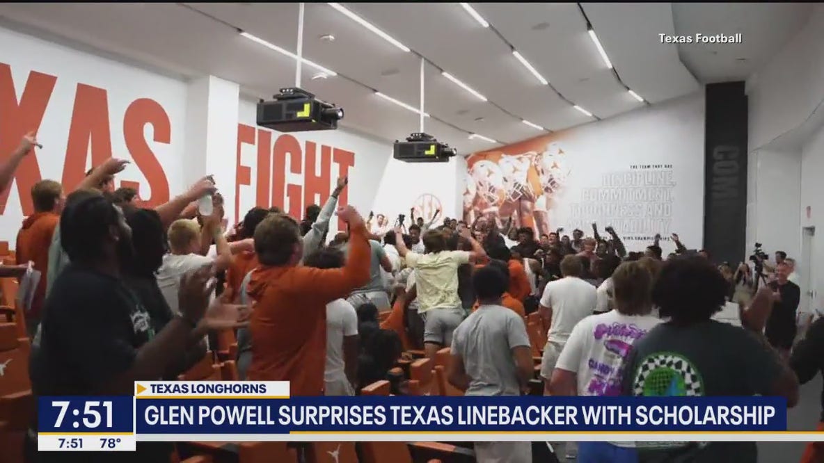 Glen Powell surprises UT linebackers with scholarship