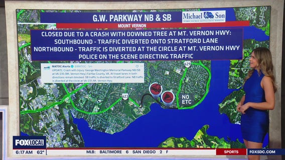 Crash downs tree, shuts stretch of GW Parkway in Virginia