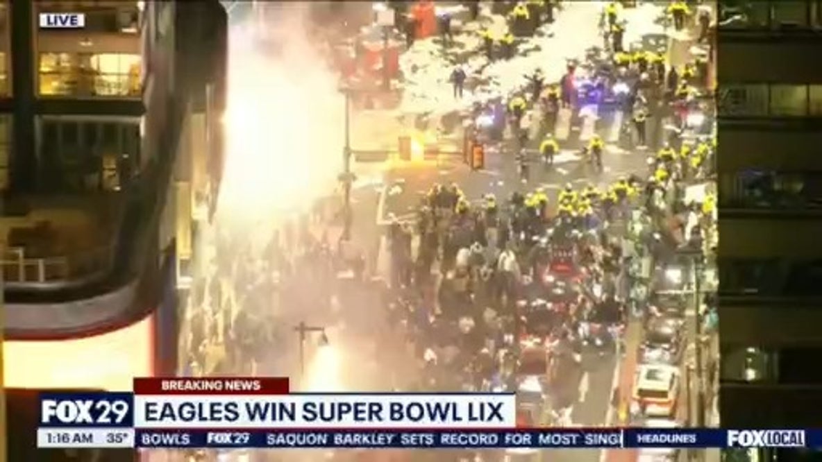 Large fire starts as Eagles fans take to Philly streets to celebrate Super Bowl win