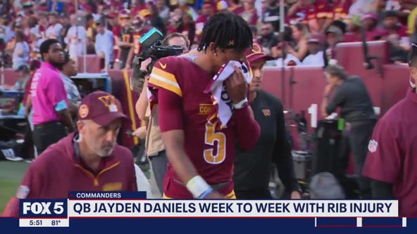 Commanders QB Jayden Daniels week to week with rib injury