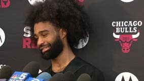 Chicago Bulls guard Coby White speaks during Wednesday practice