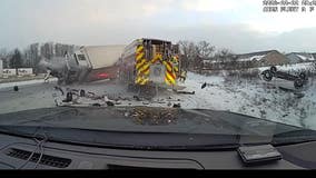 Wild semi-truck crash into fire trucks at scene of freeway accident in west Michigan