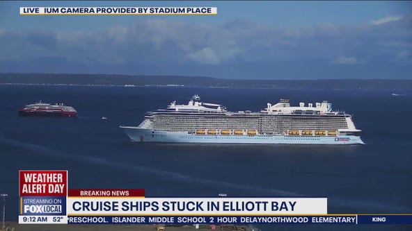 2 cruise ships anchored in Elliott Bay due to strong winds
