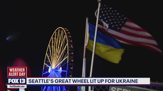 Seattle landmarks light up in Ukraine flag colors