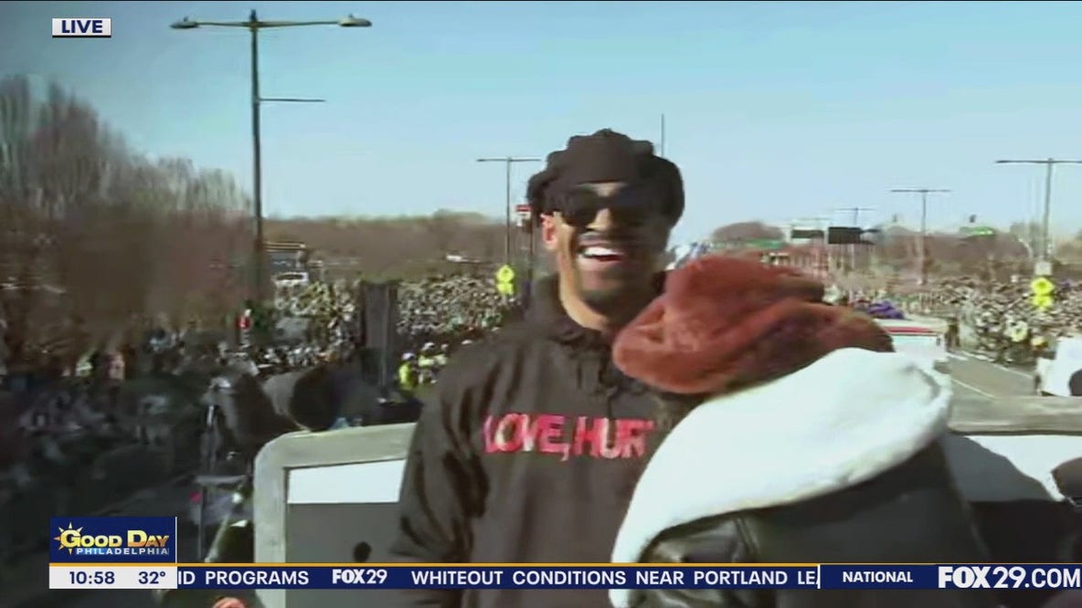 Jalen Hurts & fiancée Bry Burrows at Eagles Super Bowl Parade | Live on FOX 29 Philadelphia