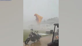 Bounce house sent flying during thunderstorm