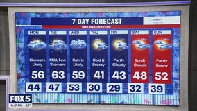 Showers likely through start of work week with mild temperatures