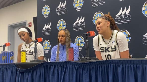 Kamilla Cardoso and Angel Reese talk after the Sky's 89-80 loss to the Dream