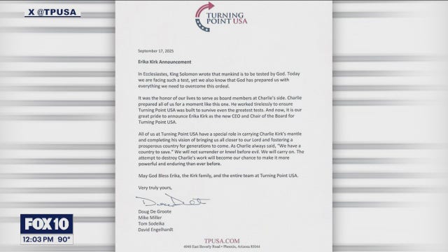 Erika Kirk, widow of Charlie Kirk, elected CEO of Turning Point USA