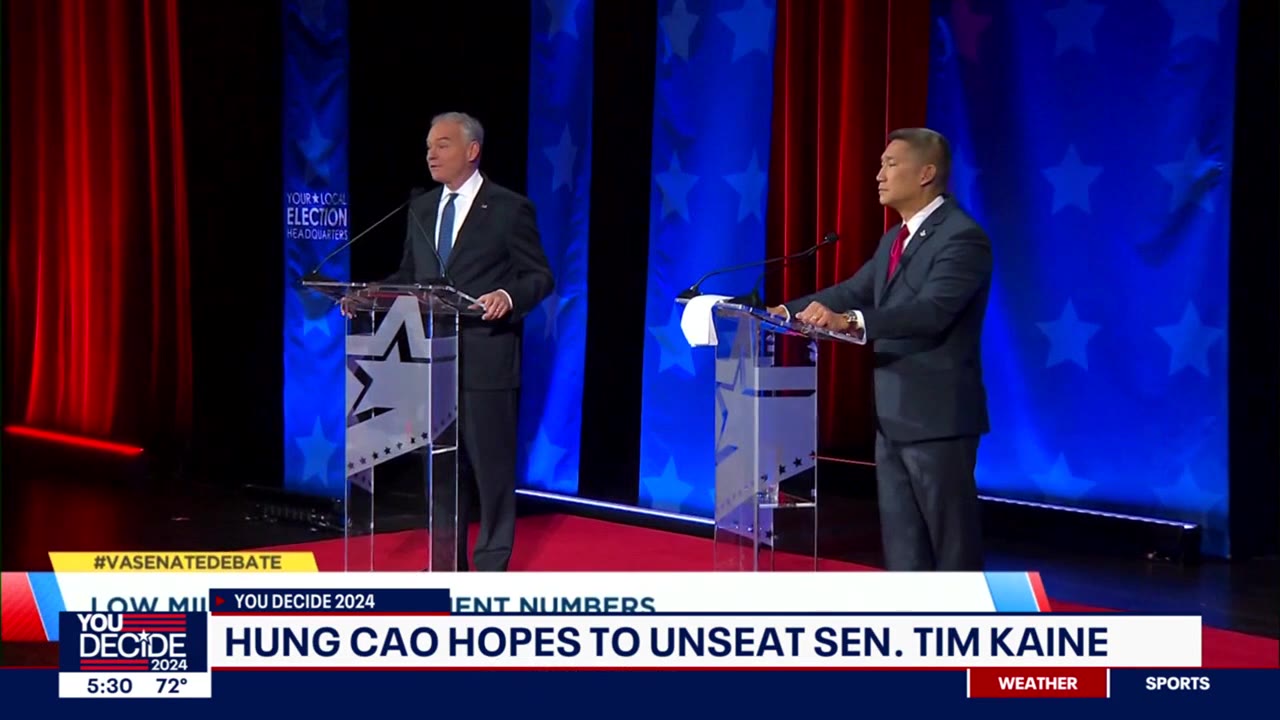 Virginia Senate Candidates Tim Kaine and Hung Cao wait for the results of the 2024 Election