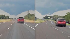 Funnel cloud passes over Hwy 53 in northern MN