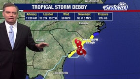 Tropical Storm Debby strengthens off the Carolinas