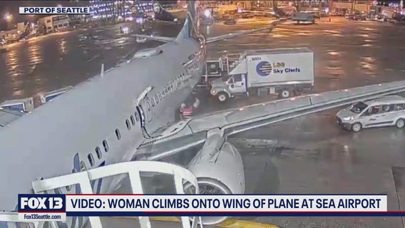 Video shows woman climb onto plane wing at SEA Airport