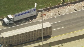 Truck crash on I-94 creates food spill of dressing or mayo on freeway