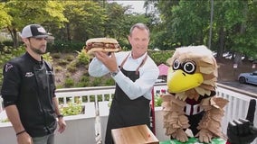 Buck tries the Falcons' massive Freddie Burger