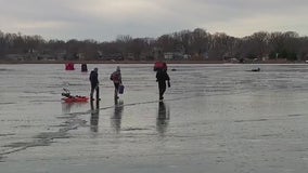 Ice houses on Lake Minnetonka despite warm weather