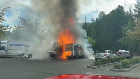 VIDEO: U-Haul catches fire in the Home Depot parking lot in WA