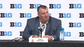 Illini head coach Bret Bielema hosts the side table at Big Ten Media Days