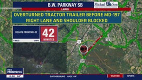 Overturned tractor-trailer scatters debris along BW Parkway