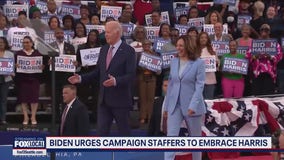 Biden urges campaign staffers to embrace Harris