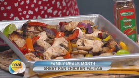 Sheet pan chicken fajitas; Family Meals Month