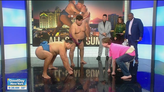Sumo wrestling lesson with all-star champs
