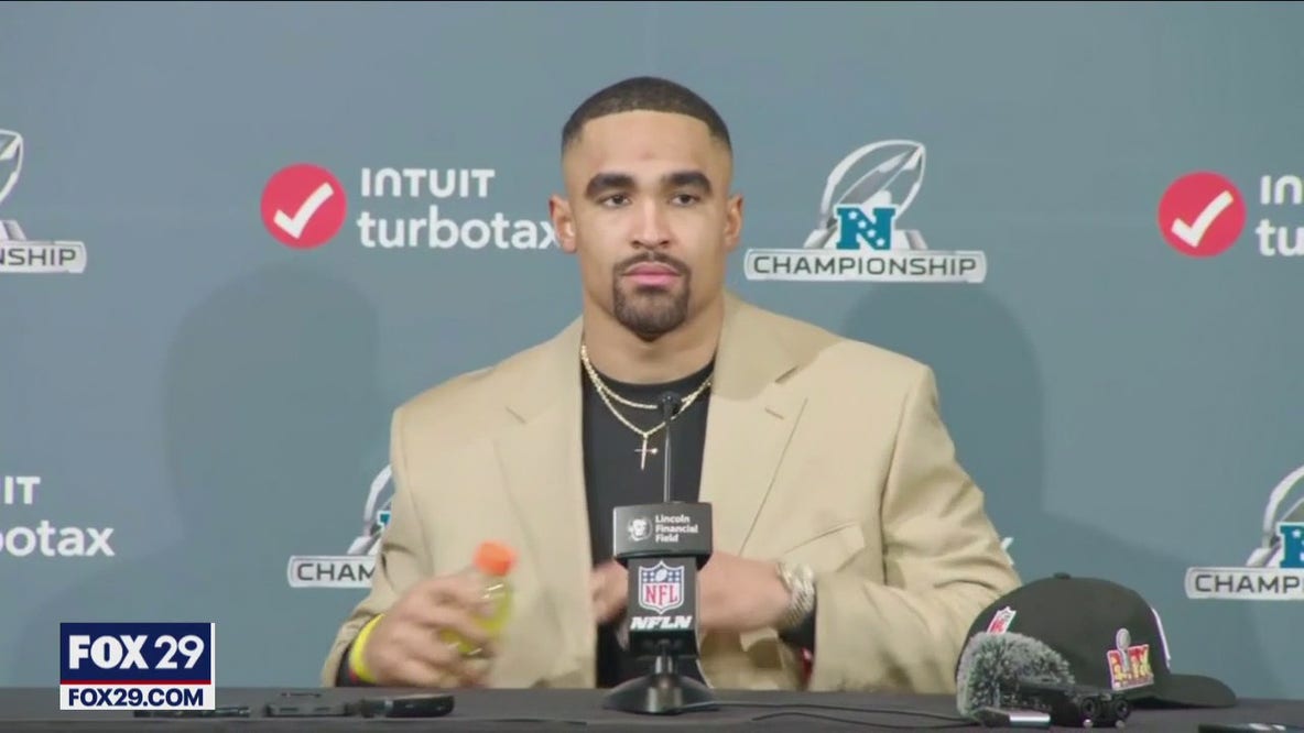Eagles Quarterback Jalen Hurts reacts after NFC Championship win
