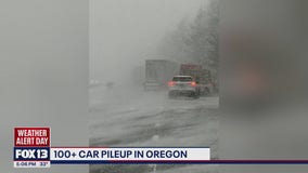 Whiteout conditions cause massive pileup on I-84 in Oregon