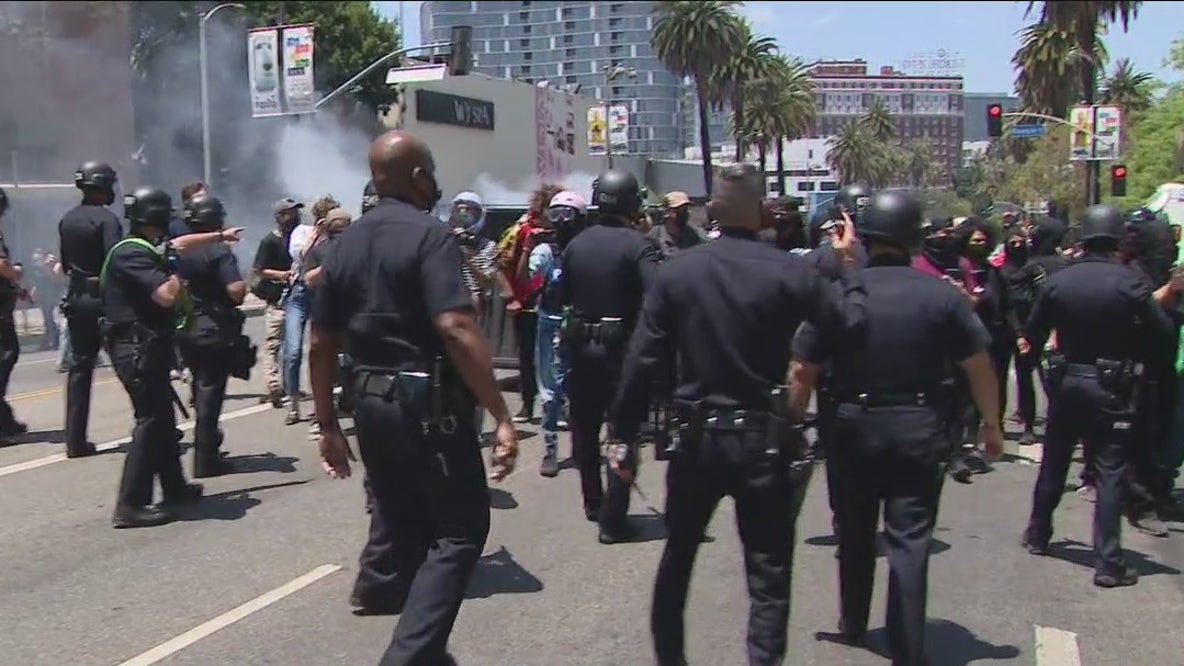Violence erupts at dueling trans rights demonstrations at LA spa