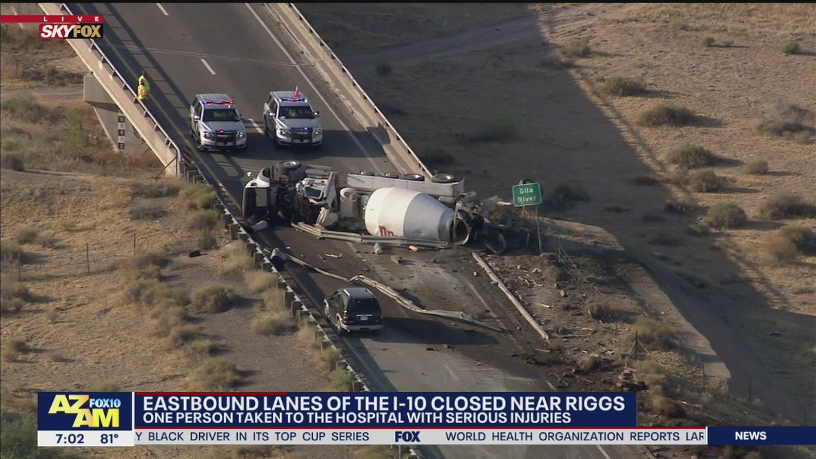 Eastbound I-10 closed near Riggs Road due to cement truck rollover crash