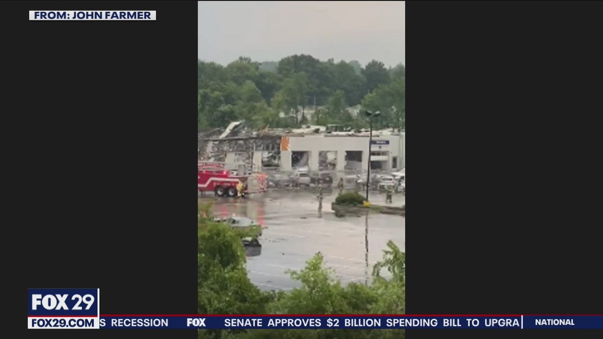 Car dealership partially collapses in Bucks County, Pennsylvania after tornado touched down in area