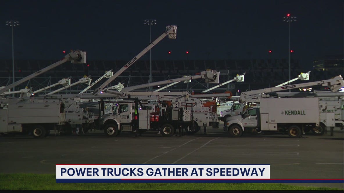 FPL power trucks gather at Daytona International Speedway as Hurricane Elsa approaches