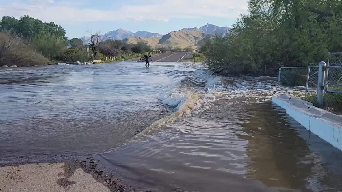 Man attempts to cross a flooded road with a bike in Maricopa County
