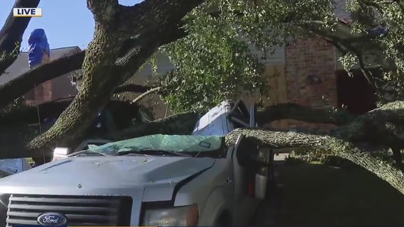 Large tree crushes car after Houston tornado