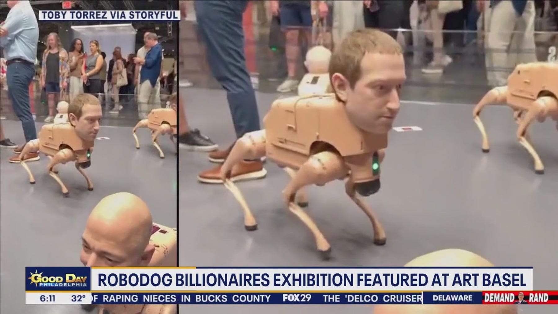 Strange robotic dog art installation displays wax heads of billionaires at Art Basel Miami