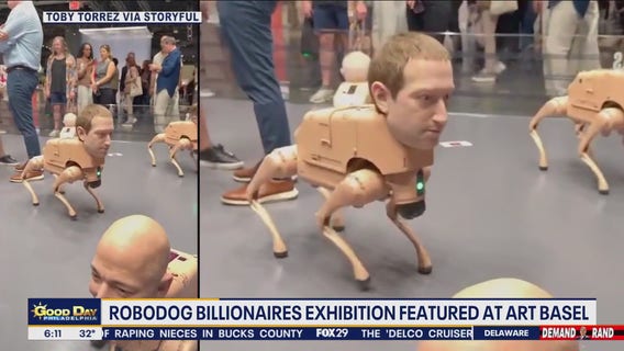 Strange robotic dog art installation displays wax heads of billionaires at Art Basel Miami