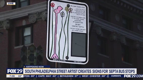 South Philly street artist helps create signs displaying SEPTA bus arrival times