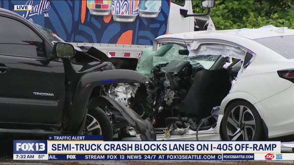 Semi-truck crash blocks lanes on I-405 off-ramp