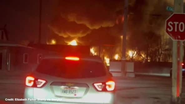 Video captures massive fire after train derailment in Ohio