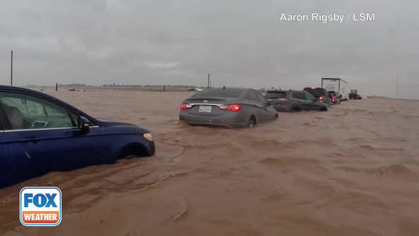 Storm chaser rescues stranded driver on flooded Highway 87 in O'Donnell, TX