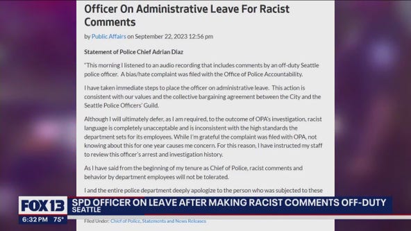 Seattle Police officer placed on leave amid investigation of racist and sexist comments
