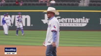 Cody Johnson throws first pitch for Texas Rangers