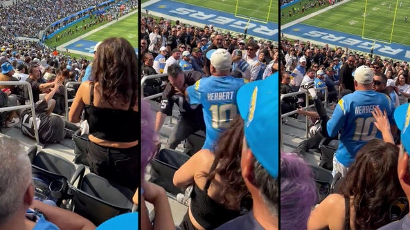 Fight between Chargers and Raiders fans at SoFi Stadium