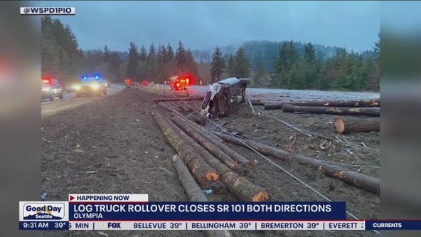 Log truck rollover closes SR 101 both directions in Olympia