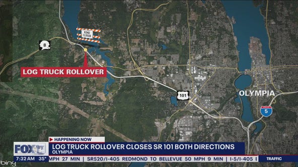 Log truck rollover closes both directions SR 101 in Olympia
