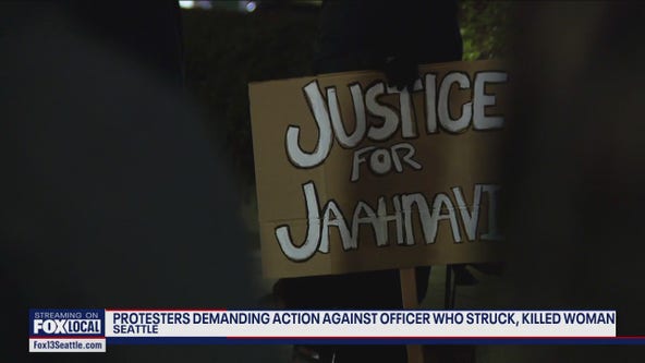 Nearly 100 protest outside SPD precinct over decision not to charge officer in death of Jaahnavi Kandula