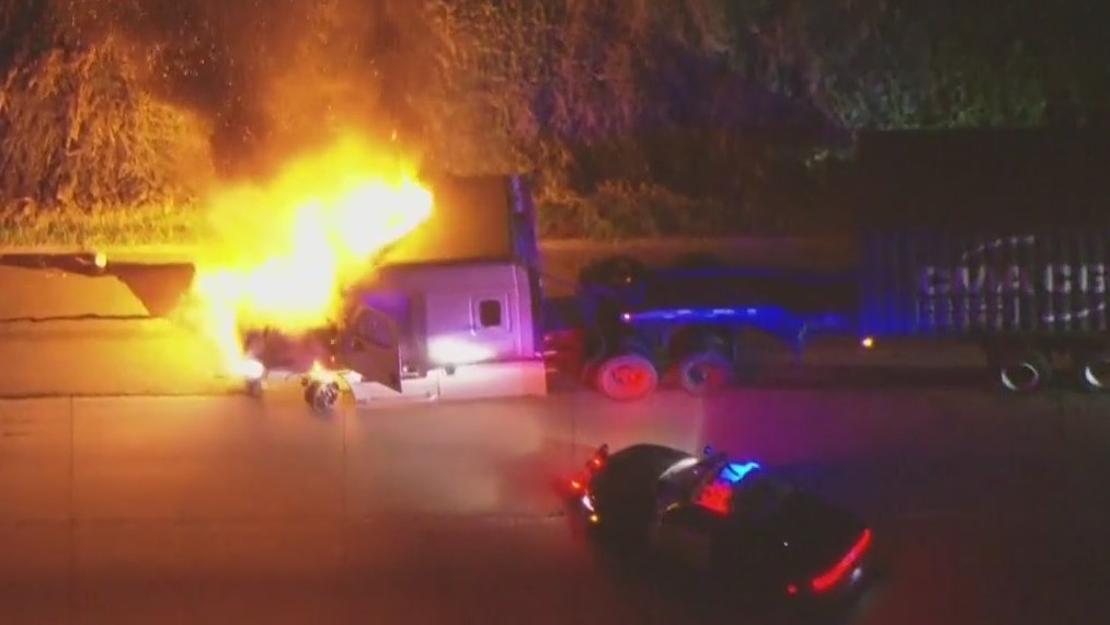 Stolen big rig catches fire after police chase