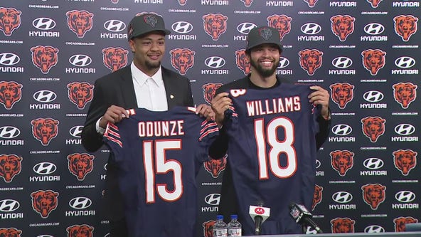 Caleb Williams, Rome Odunze speak at Halas Hall after arriving in Chicago